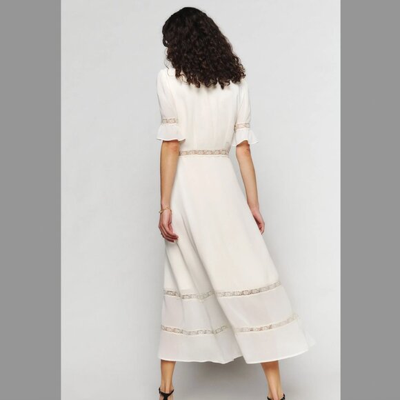 Reformation Woodson Lace Inset Button Front Midi Dress in Ivory - Picture 2 of 8